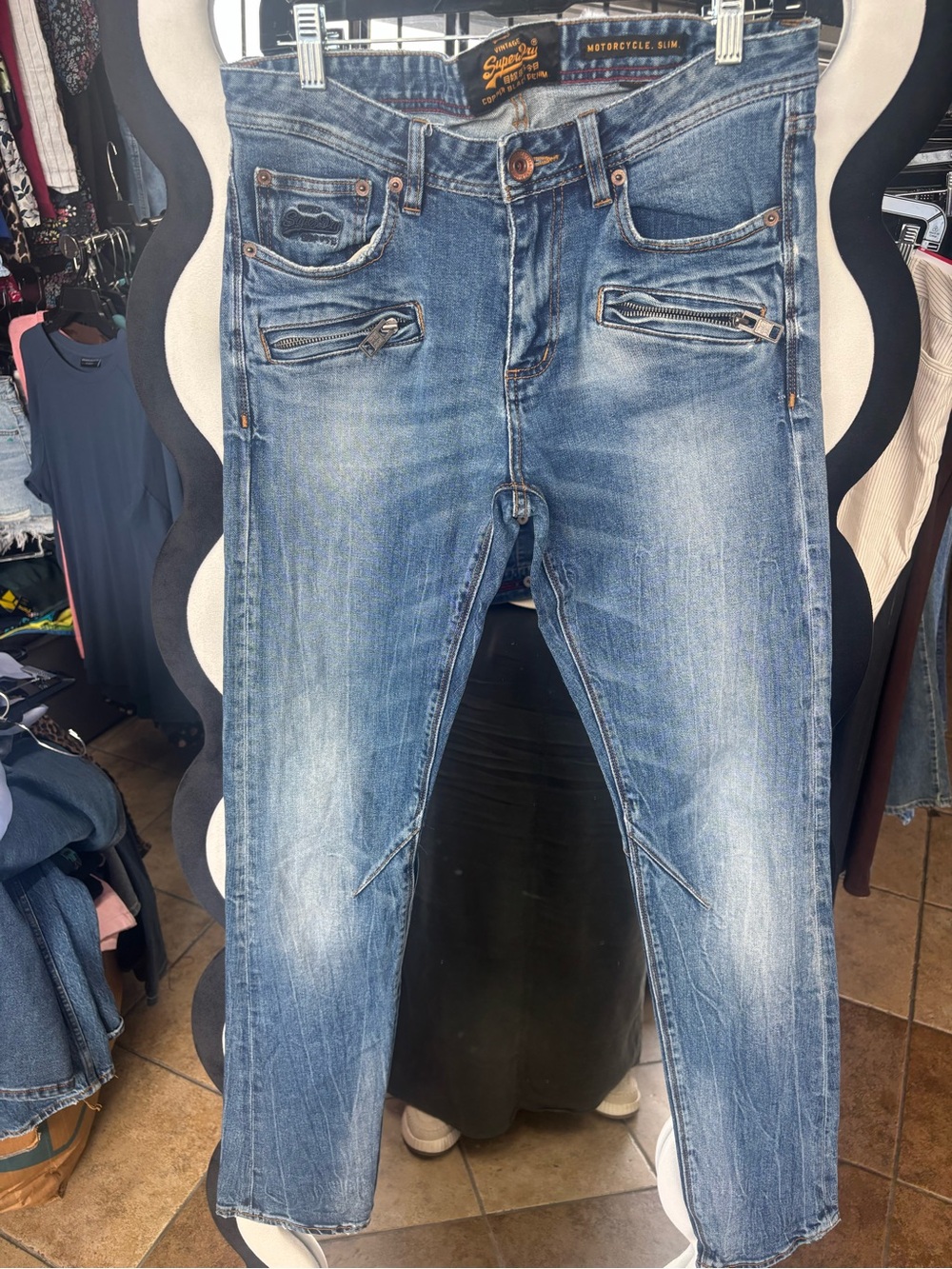 Superdry Blue Denim Motorcycle Jeans with Copper Stitching